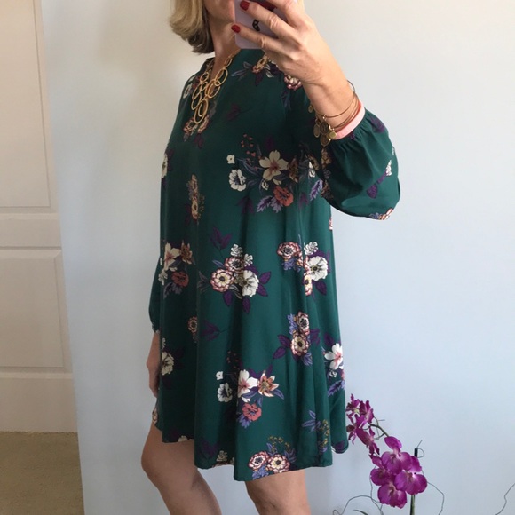 Green Floral Long Sleeve Tunic Dress - Picture 4 of 7